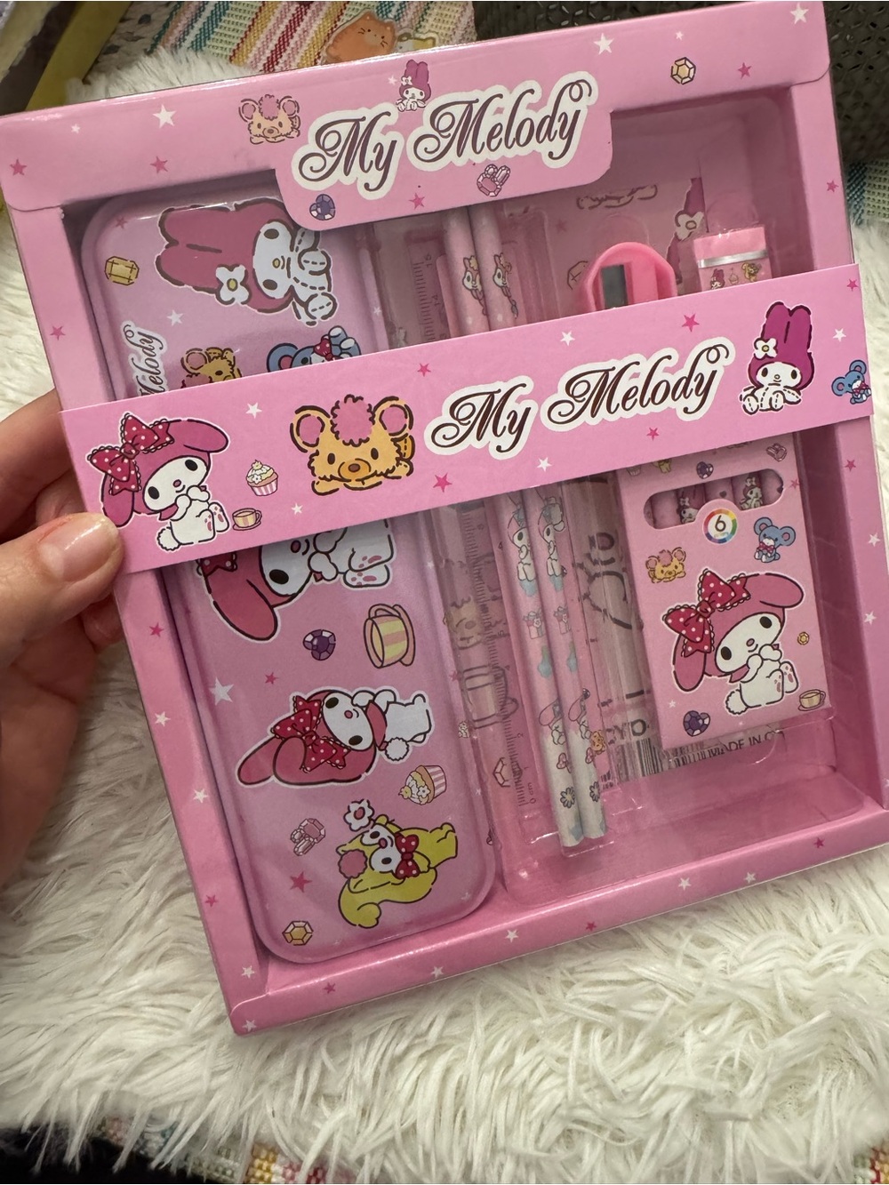 My Melody Pink Stationery Set Metal pencil case eraser ruler colors and more